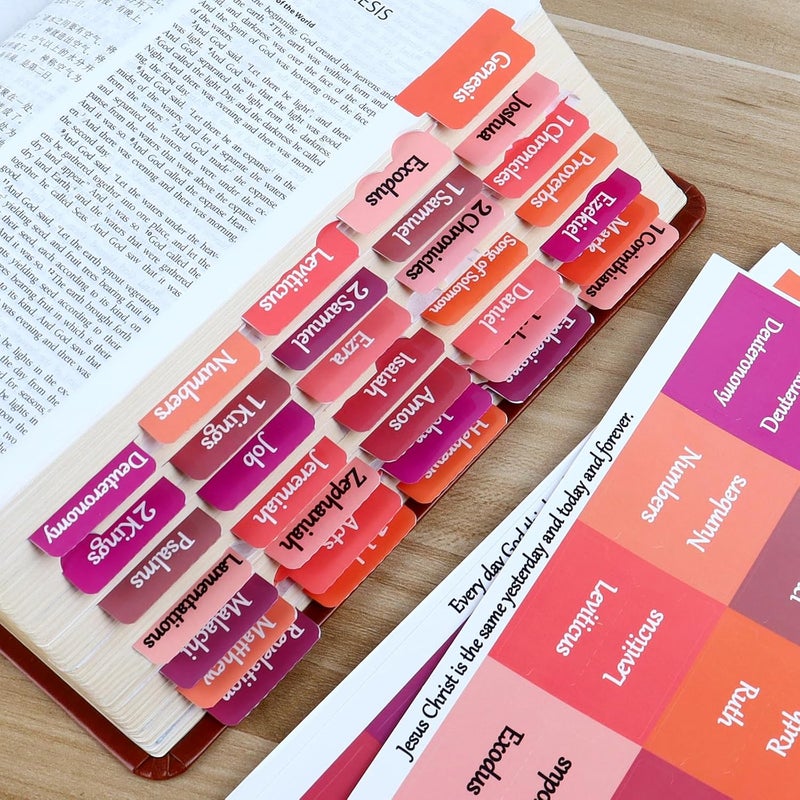 DOMMARE 90 Pieces Bible Tabs Pink for Women Girls, Laminated Large Print Bible Bookmarks, Waterproof Index Tabs Study Supplies Guide Kit, Baptism Christian Gifts for Men Boys Beginner Easy to Read - Image 1